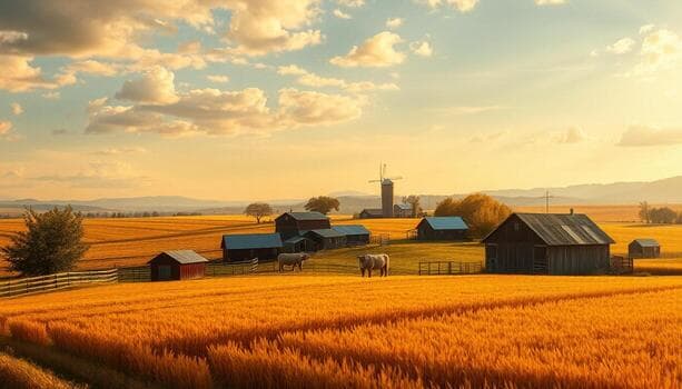 Golden farm fields and barns at sunrise.