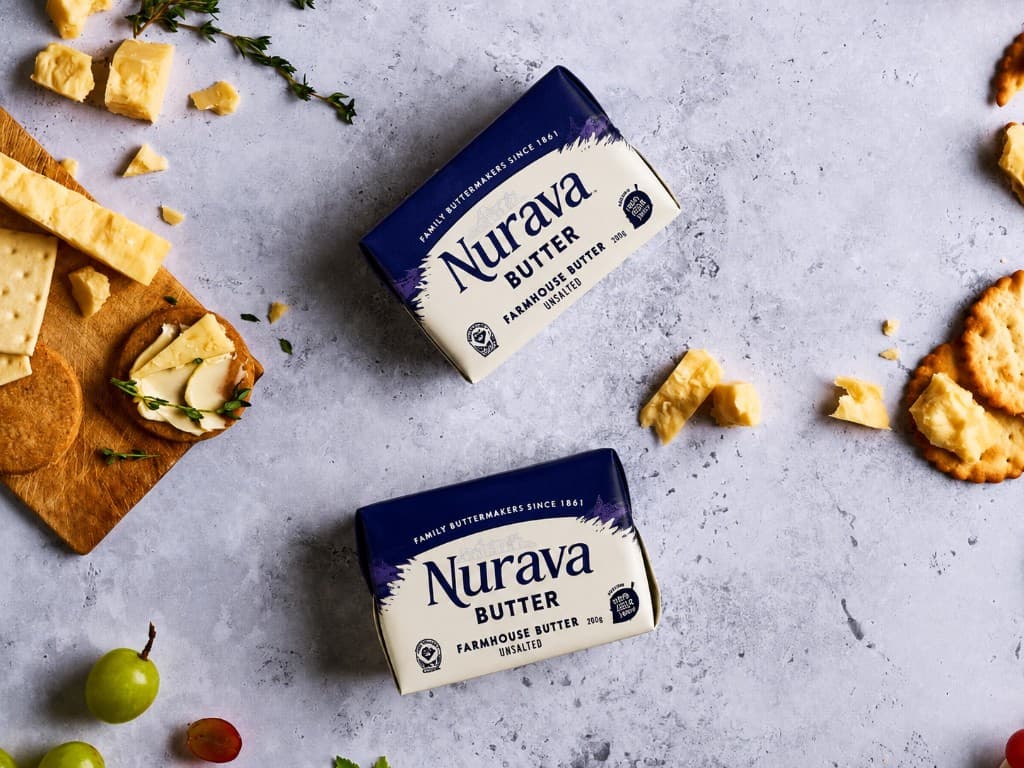 Nurava Farmhouse Butter packs with cheese and crackers.